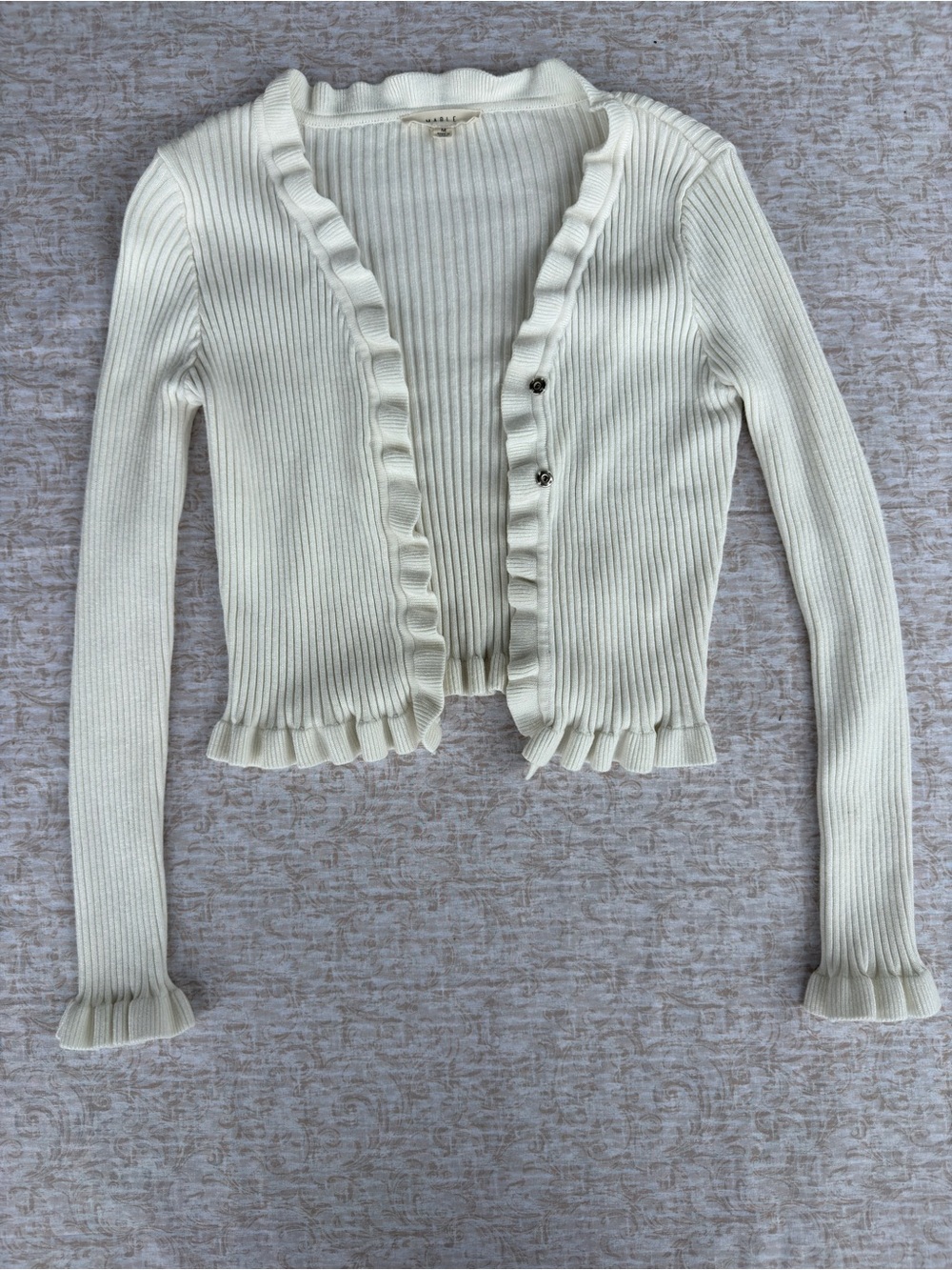 Mable White Ribbed Ruffle Cardigan Sweater Soft Feminine Knit